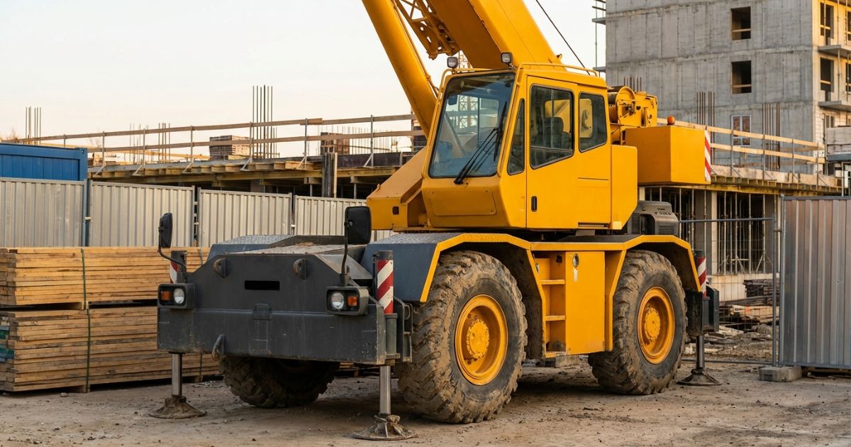 ラフテレーンクレーンを現場でレンタル手配して待機しているイメージ