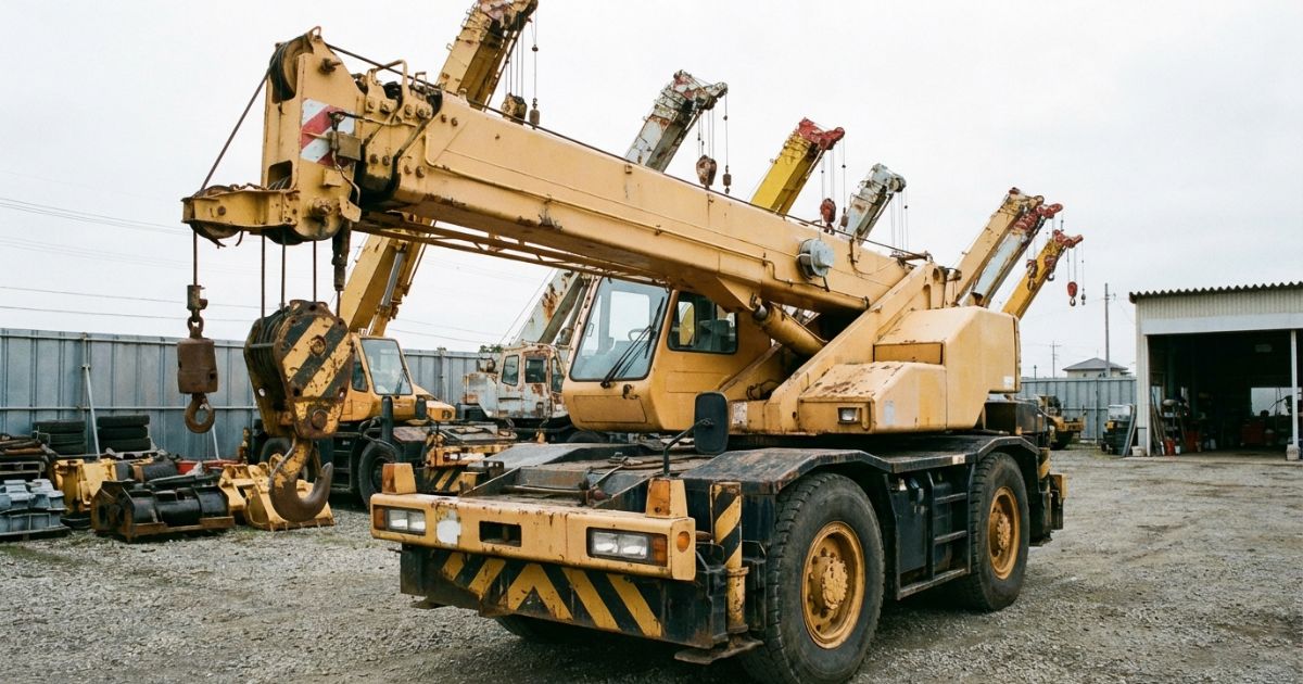 中古ラフテレーンクレーンが並ぶ屋外ヤードで手前の1台を写した写真