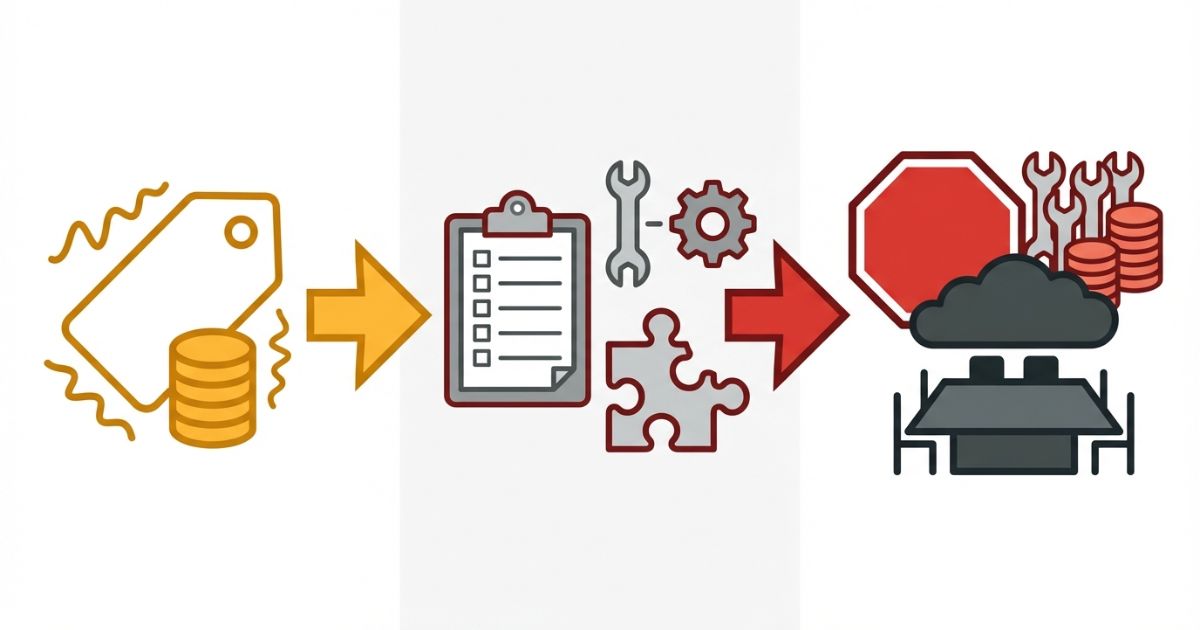 確認不足が稼働停止や追加費用につながる失敗パターンを示す文字なし図解