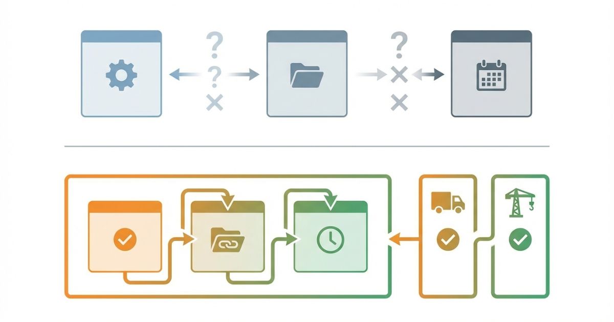 手配・記録・予定の分断による失敗と回避策を示す図解