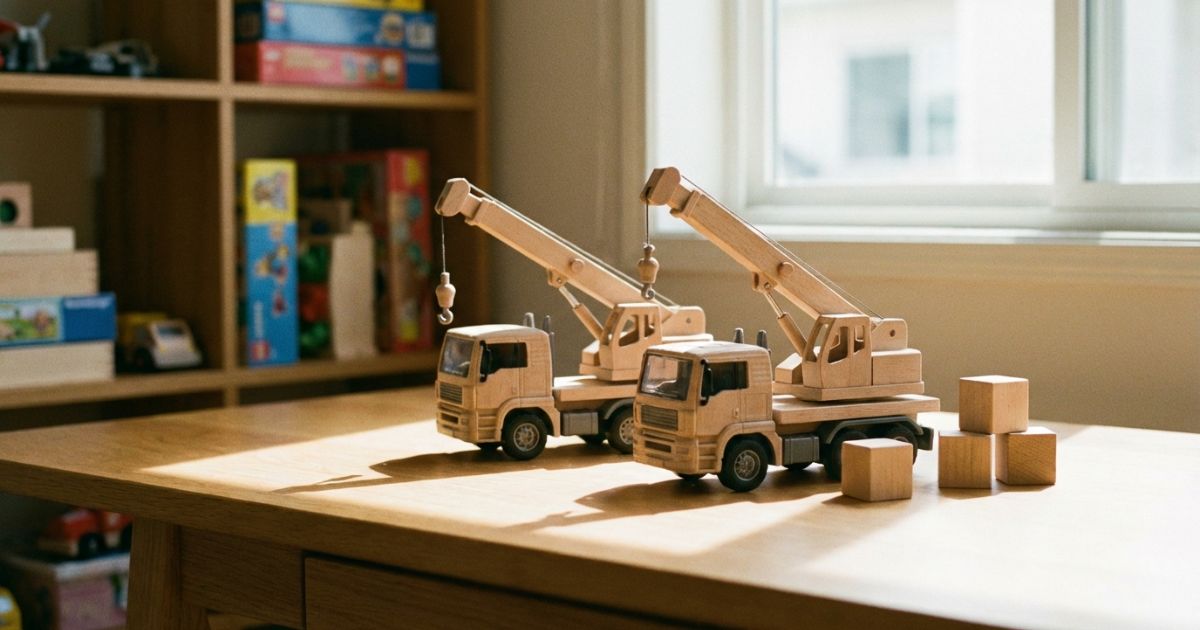 クレーン付きトラック風ミニカーを机上で楽しむトミカ記事のアイキャッチ写真