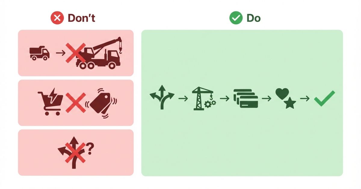 実車のような期待ズレと廃番の買い急ぎと用途混同の失敗例と回避手順を示す文字なし図解