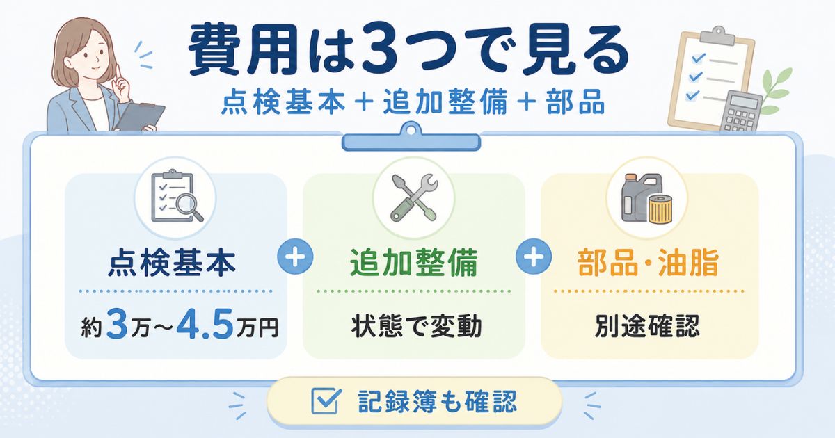 トラックの12ヶ月点検費用を点検基本・追加整備・部品油脂に分けて確認する内訳図