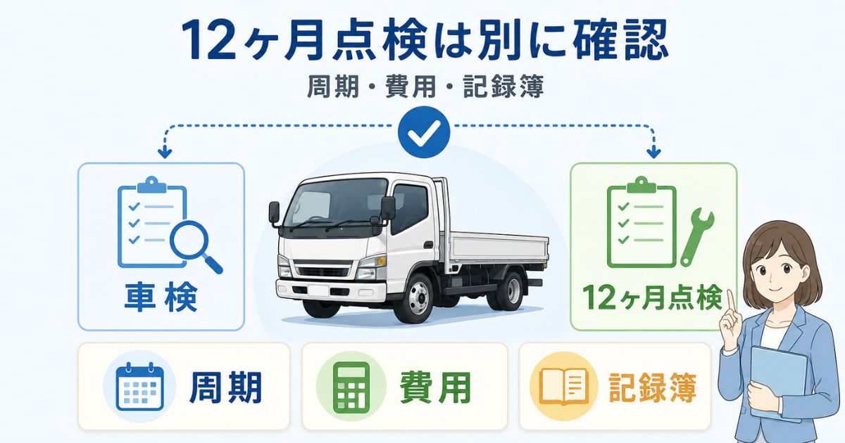 トラックの12ヶ月点検は車検とは別に周期・費用・記録簿を確認することを示す図解
