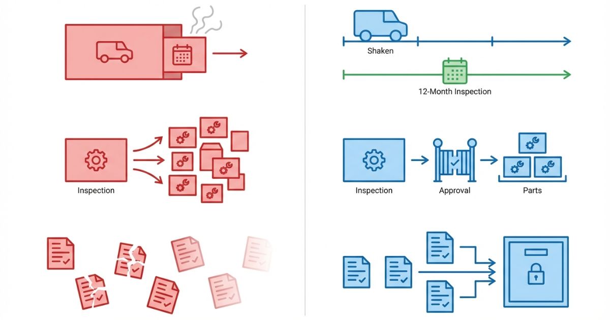 12ヶ月点検の混同・予算膨張・記録散逸の失敗パターンを示す文字なし図解
