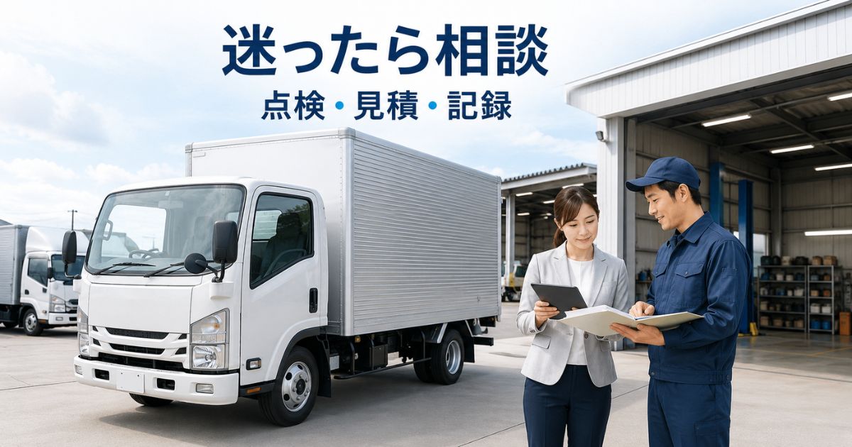 トラックの12ヶ月点検について整備工場で点検範囲・見積もり・記録を相談している写真風画像
