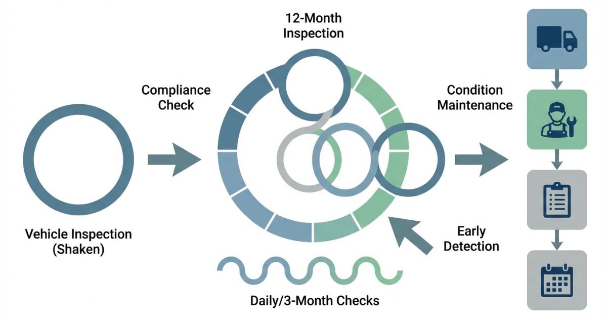 12ヶ月点検と車検の違いと年次運用の判断軸を示す文字なし図解