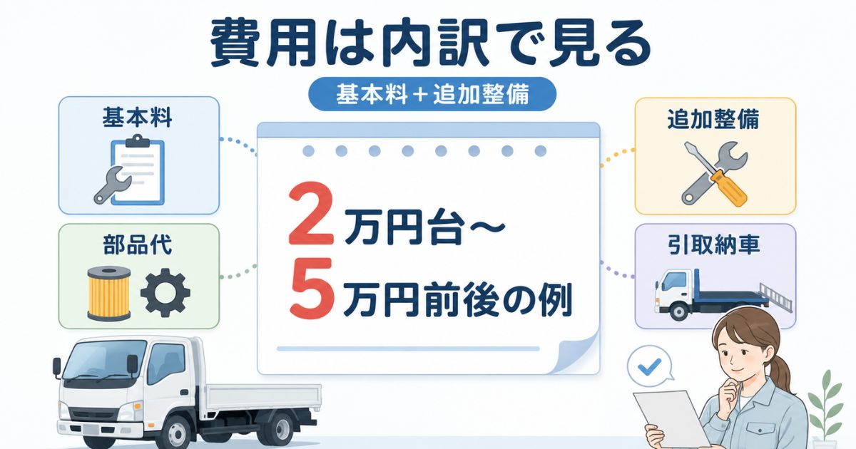 トラックの3ヶ月点検費用を基本料追加整備部品代引取納車に分けて確認する図解
