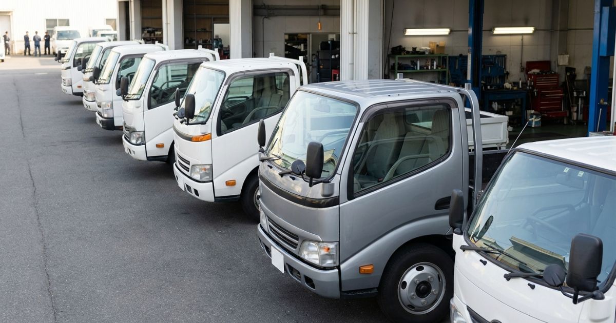 整備工場の点検ヤードで順番待ちする小型トラックの写真