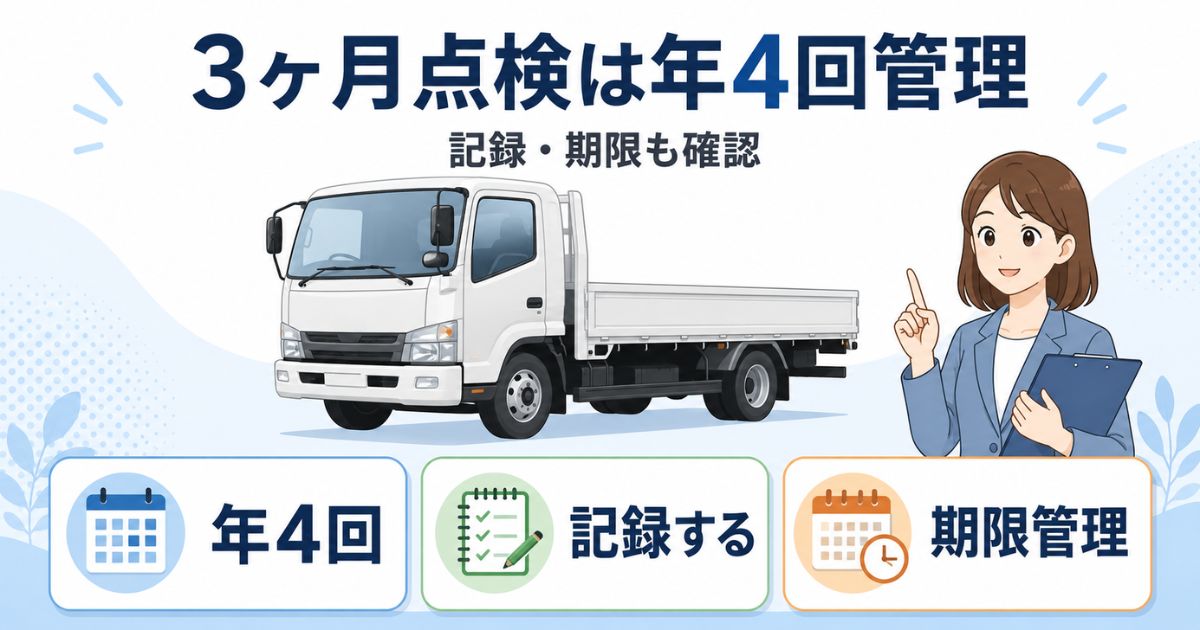 トラックの3ヶ月点検を年4回管理し記録と次回期限まで確認することを示す図解