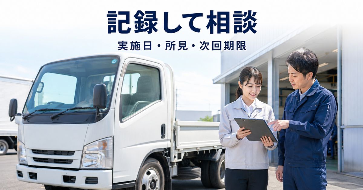 トラックの3ヶ月点検後に点検記録を確認し整備工場へ相談している写真風画像
