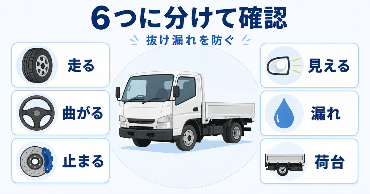 トラックの3ヶ月点検項目を走る曲がる止まる見える漏れ荷台の6つに分けた図解