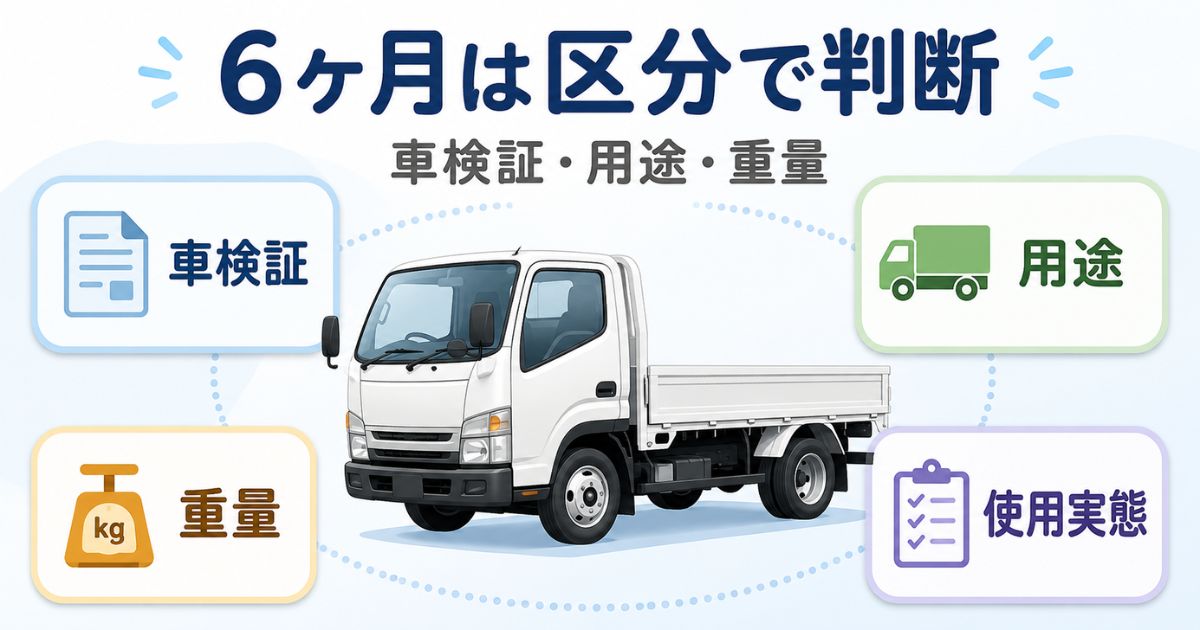 トラックの6ヶ月点検を車両区分と使用実態で判断する考え方を示すアイキャッチ画像