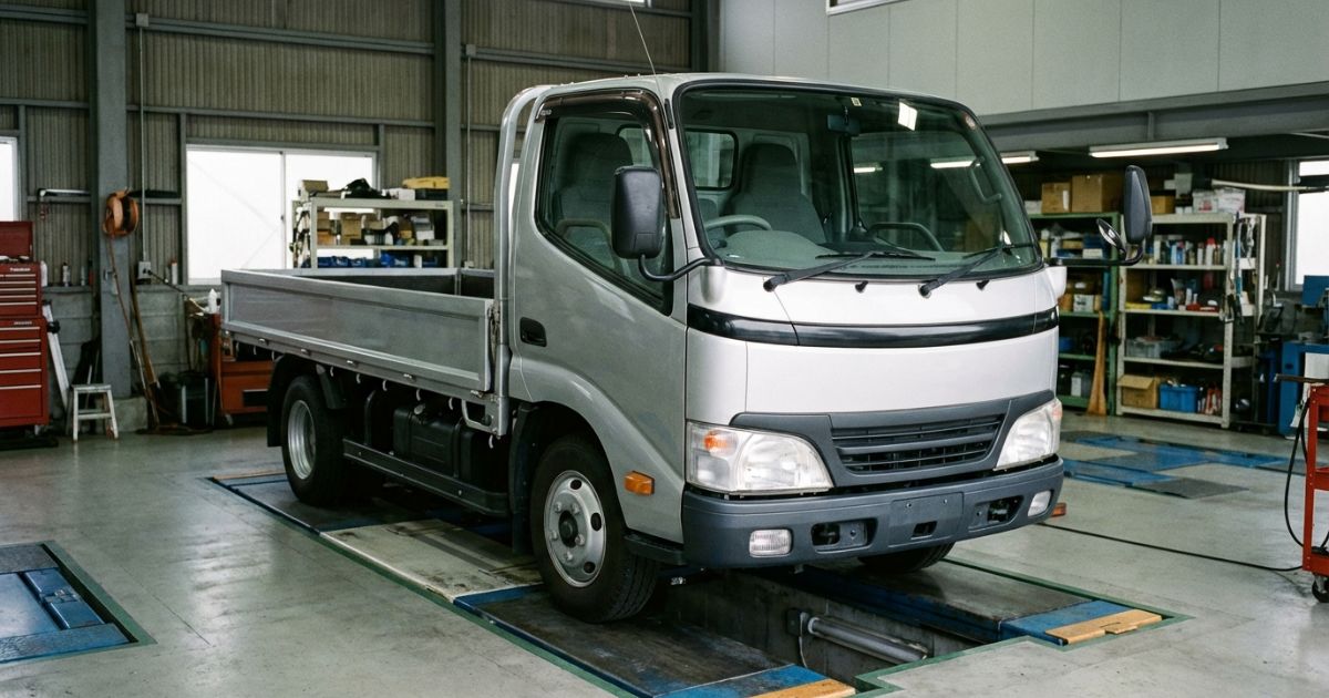 整備工場に入庫した小型トラックを点検する現場の写真