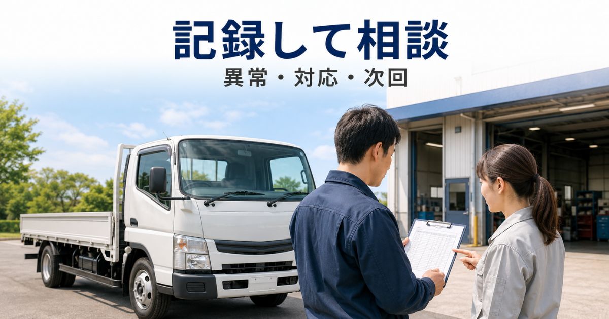 トラックの点検結果を記録して異常があれば整備工場へ相談する様子を示す写真風画像