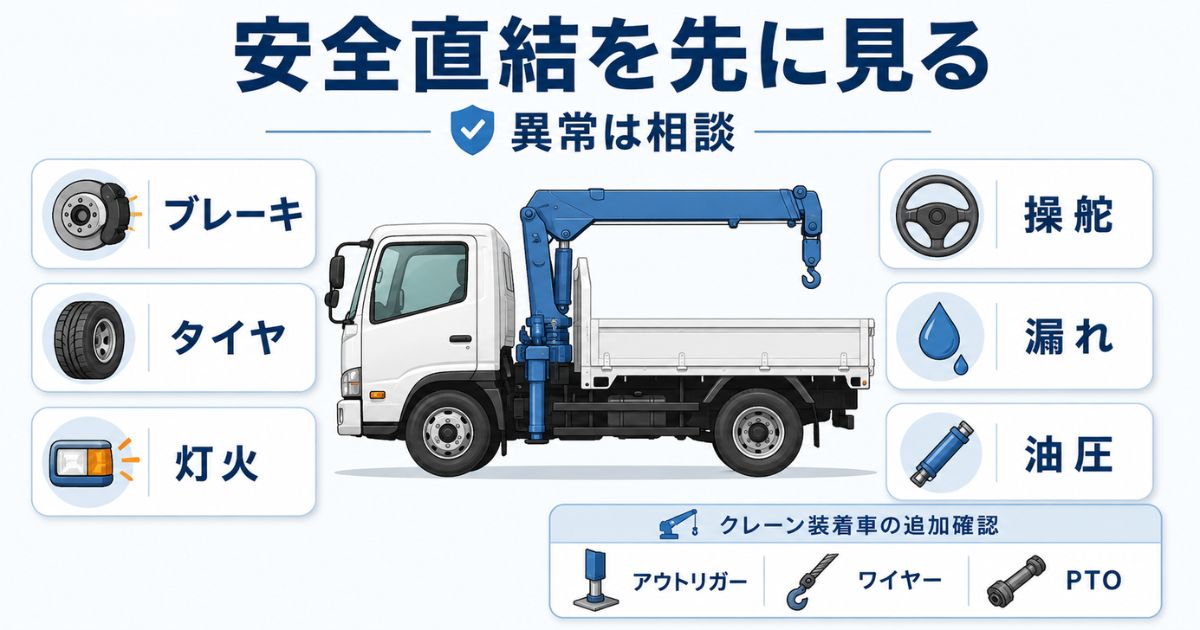トラックの6ヶ月点検でブレーキやタイヤなど安全直結部位を優先して確認する図解