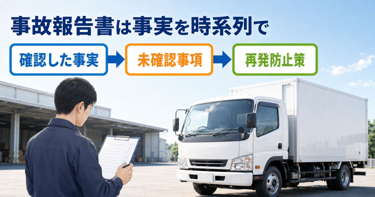 トラック事故報告書で確認した事実、未確認事項、再発防止策を時系列で整理する場面