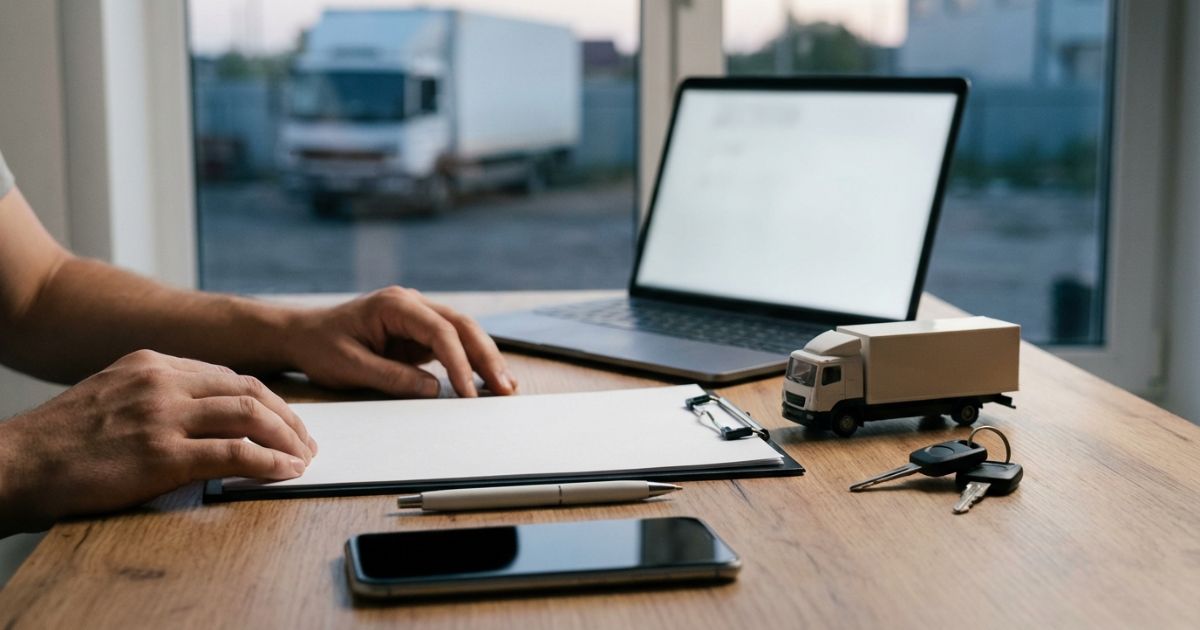 事故報告書を作成する机まわりの写真風イメージ