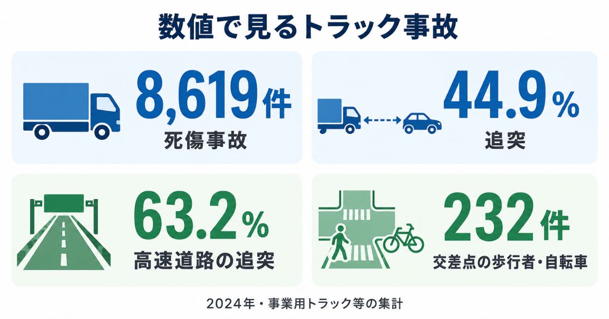 2024年のトラック死傷事故8,619件、追突44.9％、高速道路の追突63.2％、交差点事故232件を示す数値比較