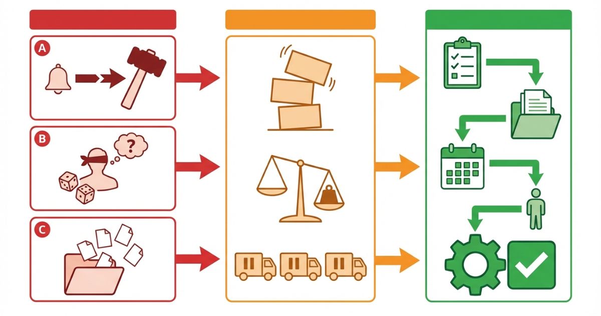 指導と処分の混同や記録不足などの失敗リスクと回避策を示す図解