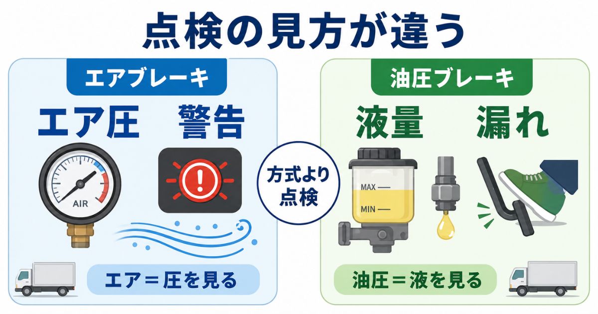 エアブレーキと油圧ブレーキの点検観点の違いを比較する図解