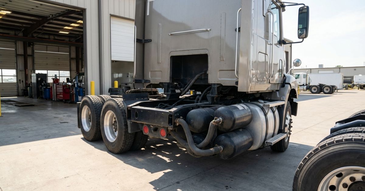 エアブレーキ搭載トラックを点検する整備ヤードの写真イメージ