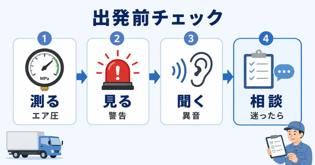 エアブレーキの運転前チェックとしてエア圧・警告・異音・相談の流れを示す図解