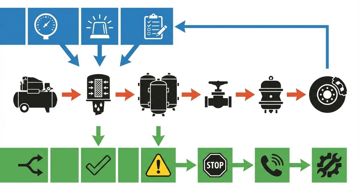 エアブレーキの構造と作動の流れ、管理前提の判断軸を示す図解