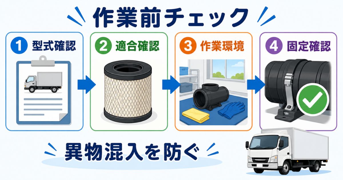 エアフィルター交換前に型式確認と適合確認と作業環境を確認するフロー図