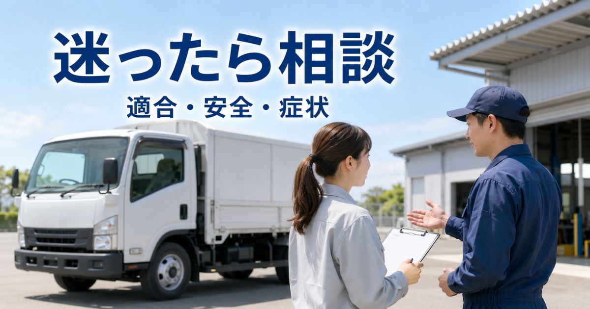 トラックのエアフィルター交換で迷ったとき整備担当者へ相談する様子
