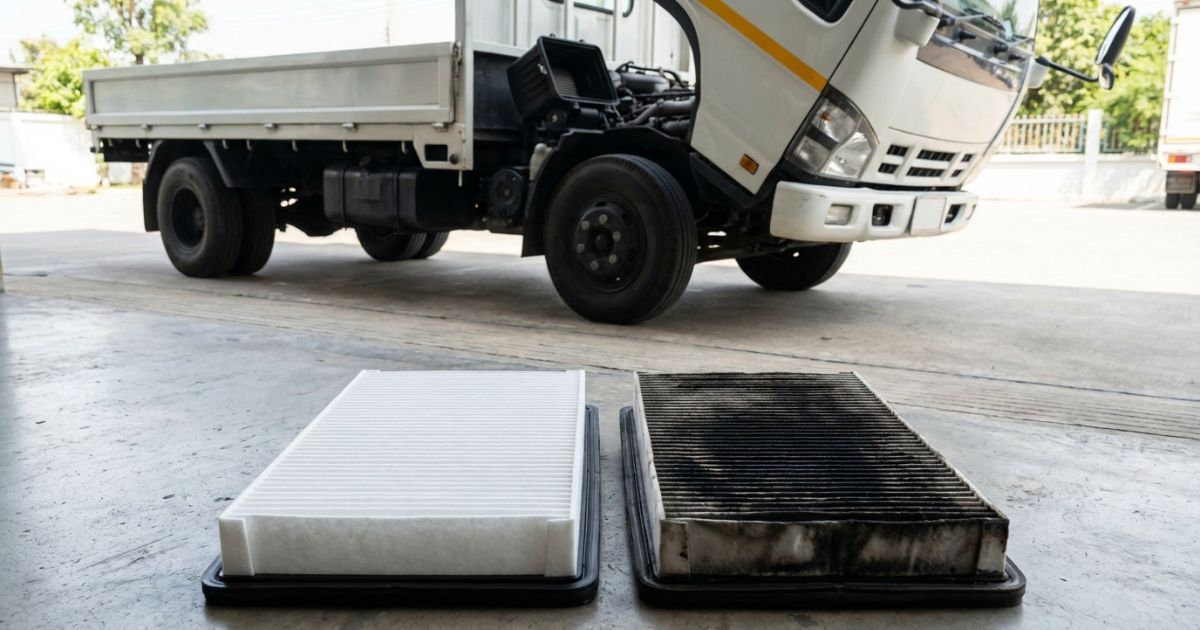 トラックのエアフィルター交換を連想させる整備シーンの写真