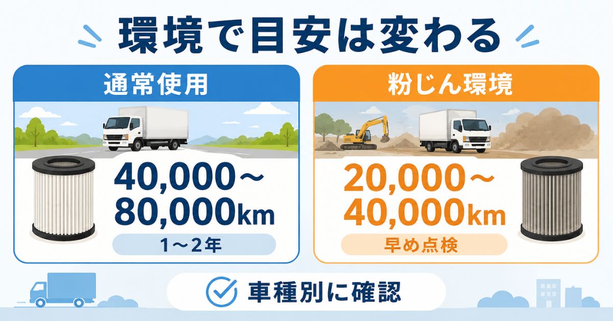通常使用と粉じん環境でエアフィルター交換目安が変わる数値比較図