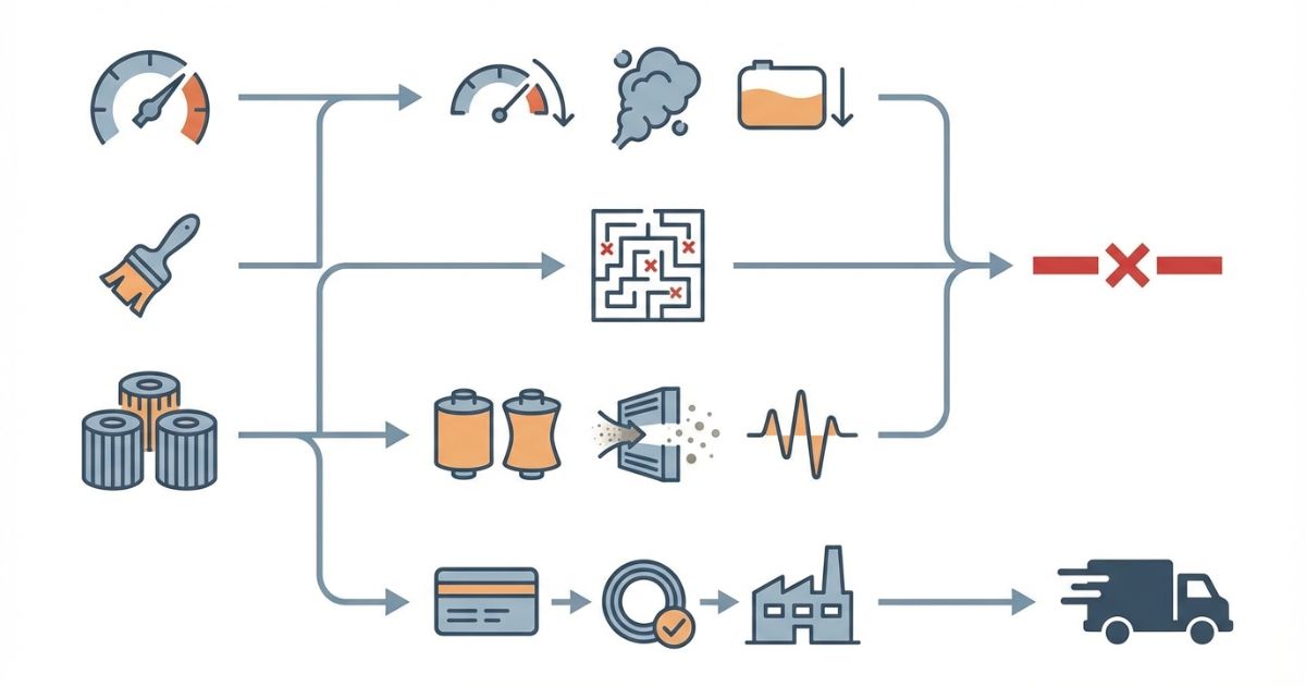放置や清掃先送りや交換しすぎの分岐とリスクを示す文字なし図解