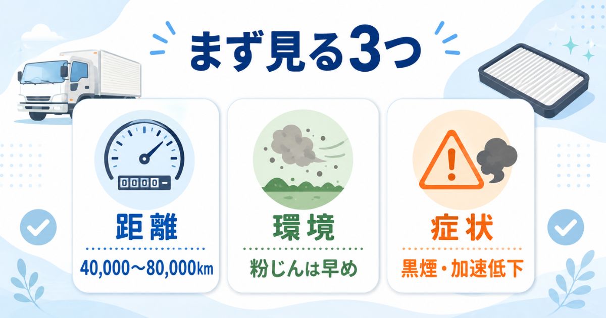 エアフィルター交換を距離と環境と症状の3つで判断する図解