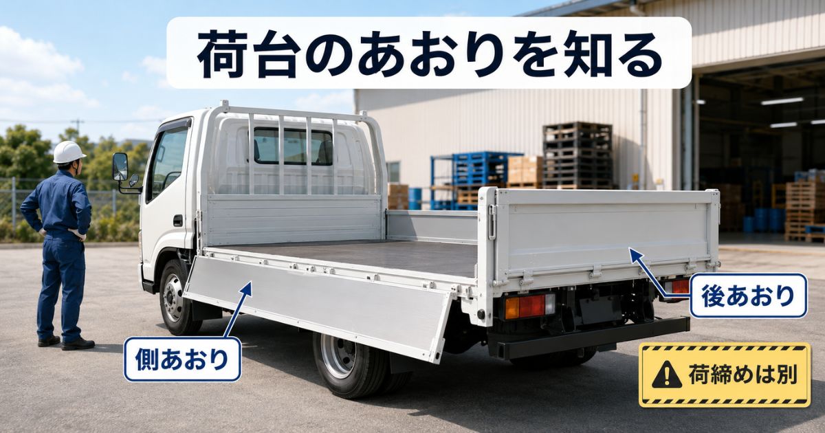 平ボディトラックの側あおりと後あおりの位置、荷締めが別に必要なことを示す