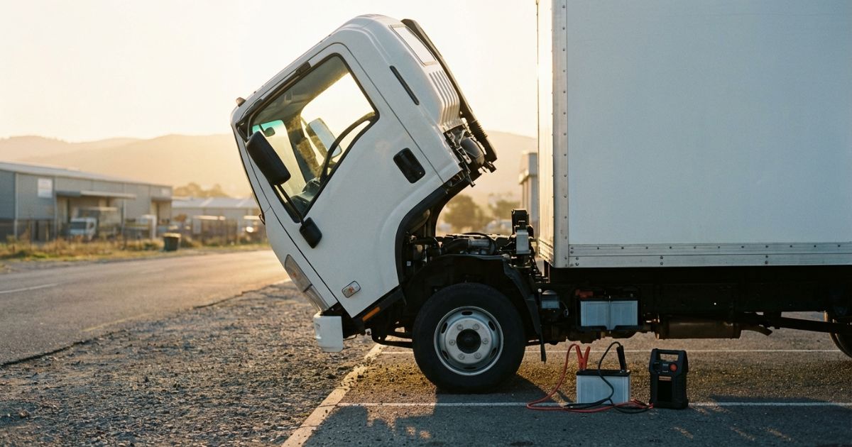 トラックのバッテリー上がりで始動できず現場で点検している写真