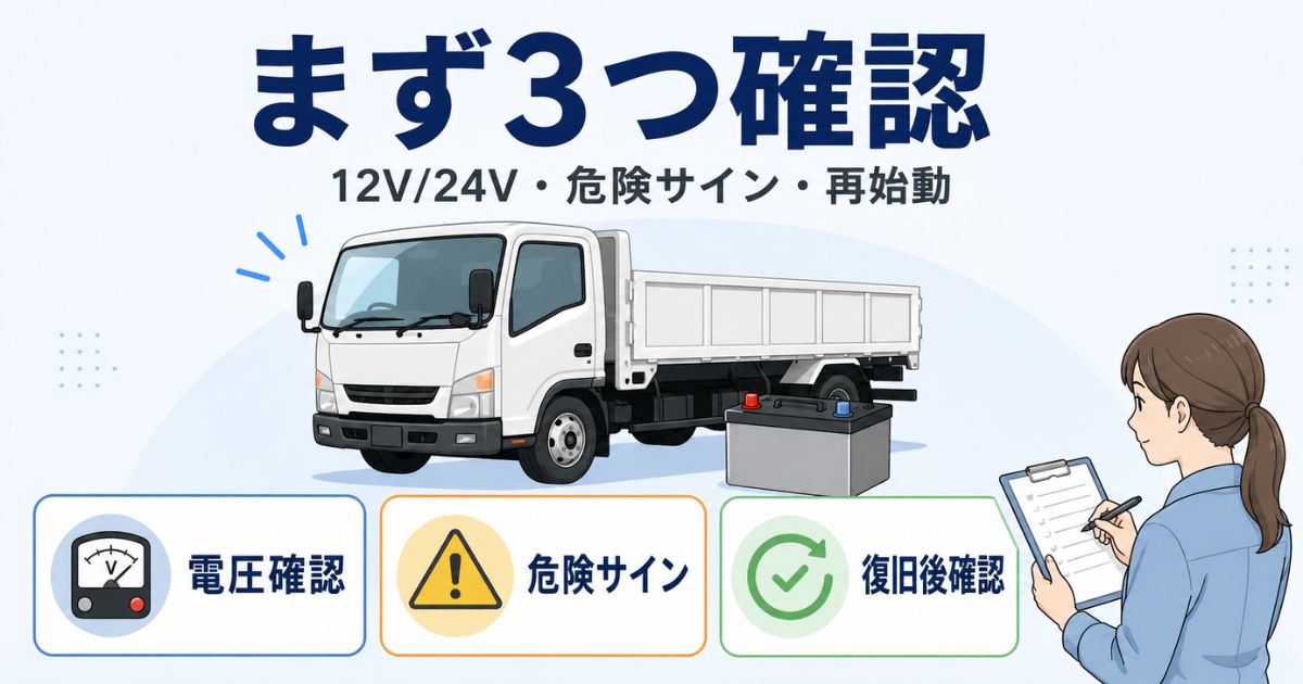 トラックのバッテリー上がりで12V/24Vと危険サインを確認する流れ