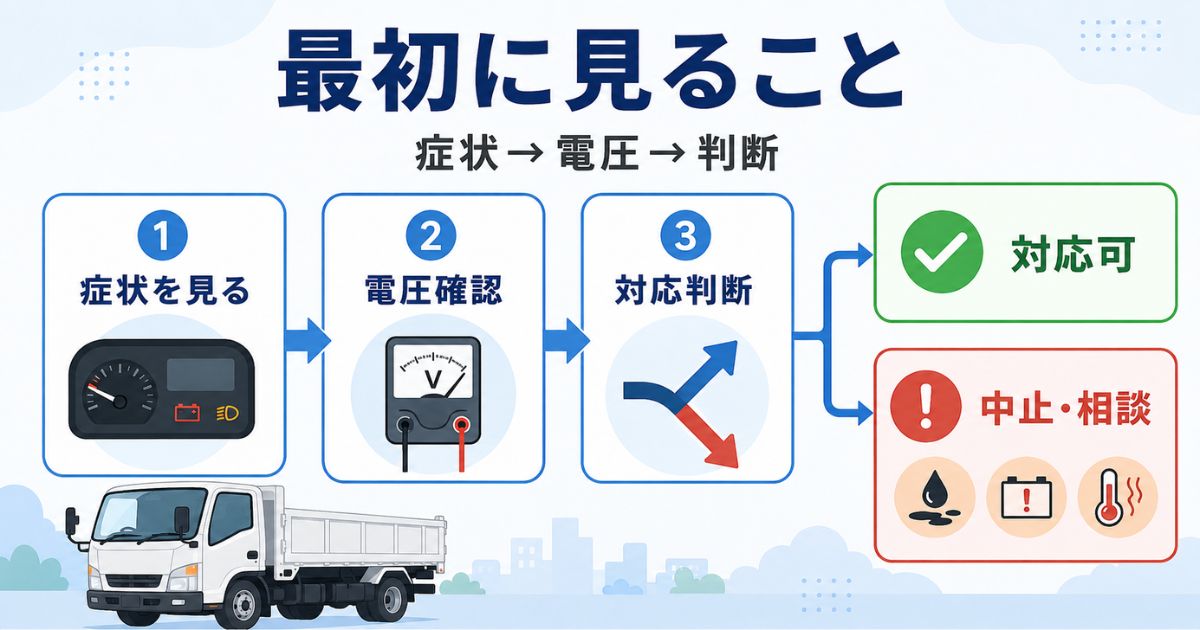 トラックのバッテリー上がりで症状と電圧を確認して初動判断する図解