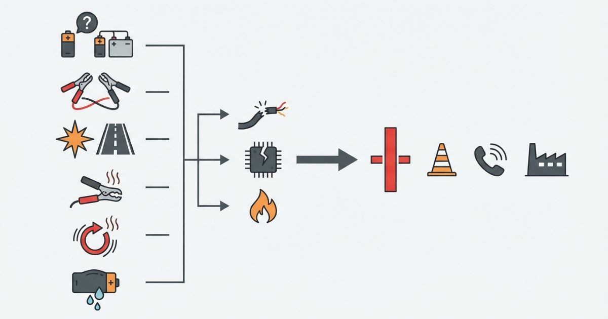 誤接続や発熱などの失敗例と中止ラインを示す文字なし図解