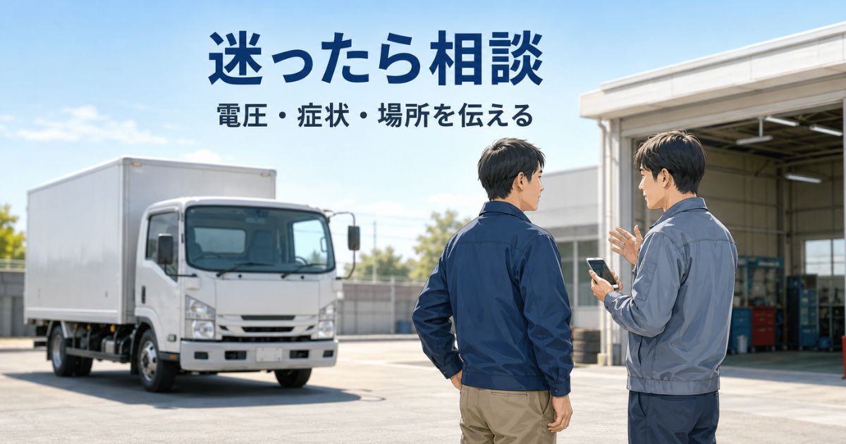 トラックのバッテリー上がりで症状を記録して整備担当者へ相談する様子