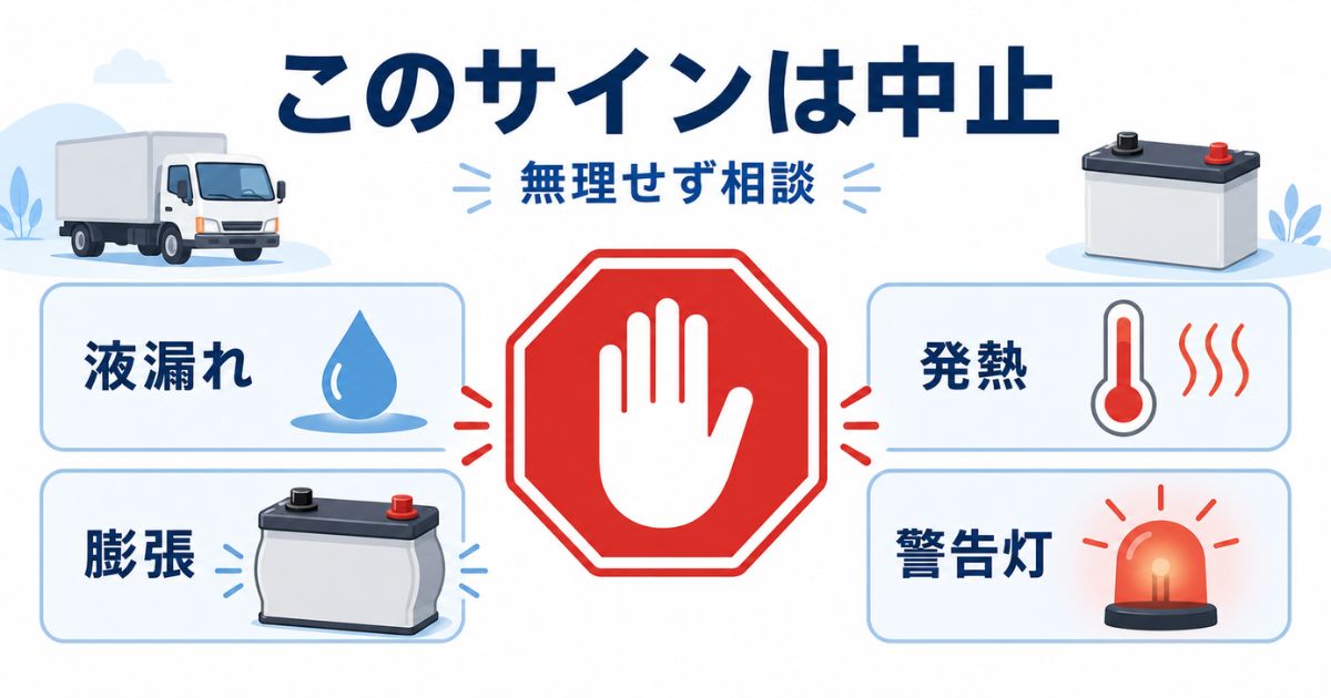 トラックのバッテリー上がりで液漏れや発熱など自己対応を中止するサイン