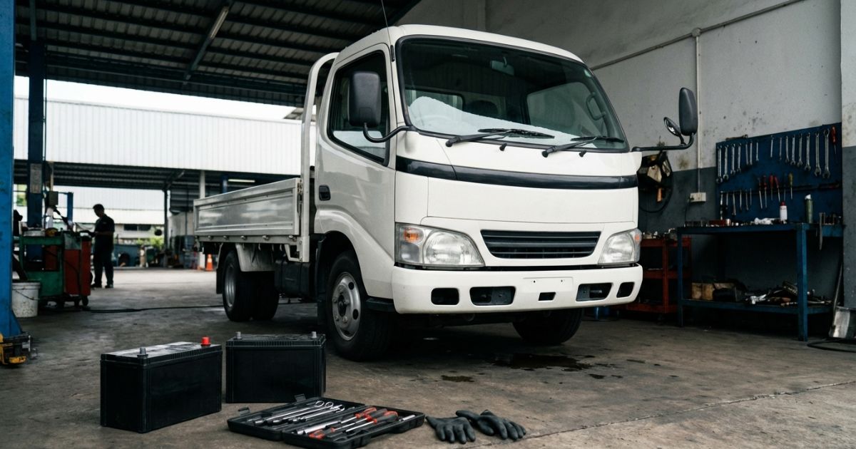 トラックのバッテリー交換費用を検討する現場イメージ（整備工場で交換準備）