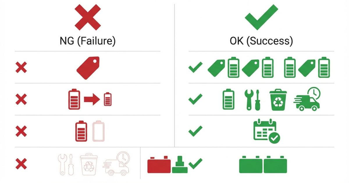 バッテリー交換費用で失敗しやすい落とし穴を示す図解（個数見落とし・容量ダウン・内訳漏れなど）