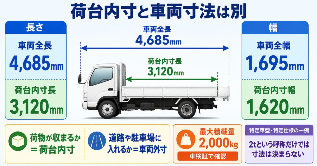 車両全長と荷台内寸長、車両全幅と荷台内寸幅、最大積載量の違いを示す数値比較