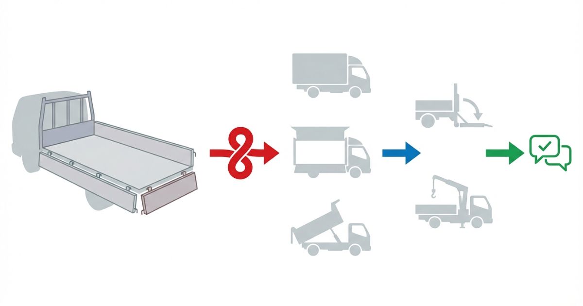 荷台の部位名とボディ形状と装備条件を分けて整理する考え方を示す図解