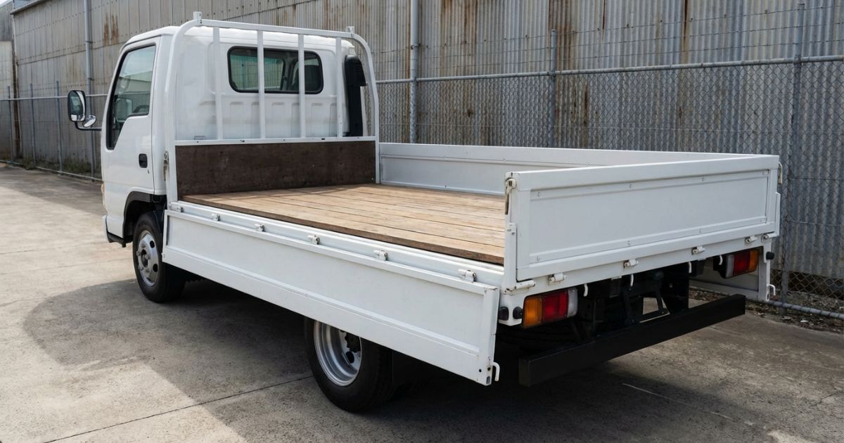 平ボディの荷台を俯瞰でき、床や側面板など各部位が見分けられるトラック写真