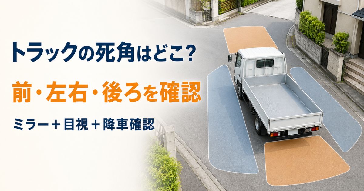 トラックの前方直近と左右側方から後方および車両後方に残る死角と確認方法