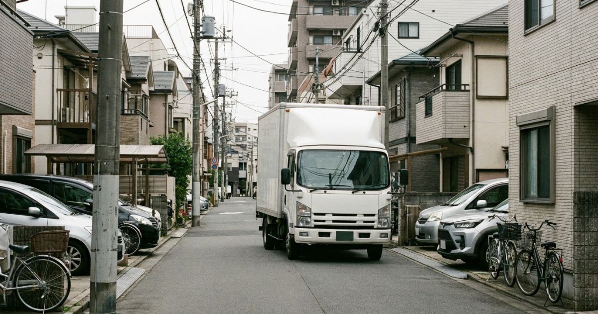 住宅街の狭い道路で業務用トラックが低速で左折前に周囲確認している写真