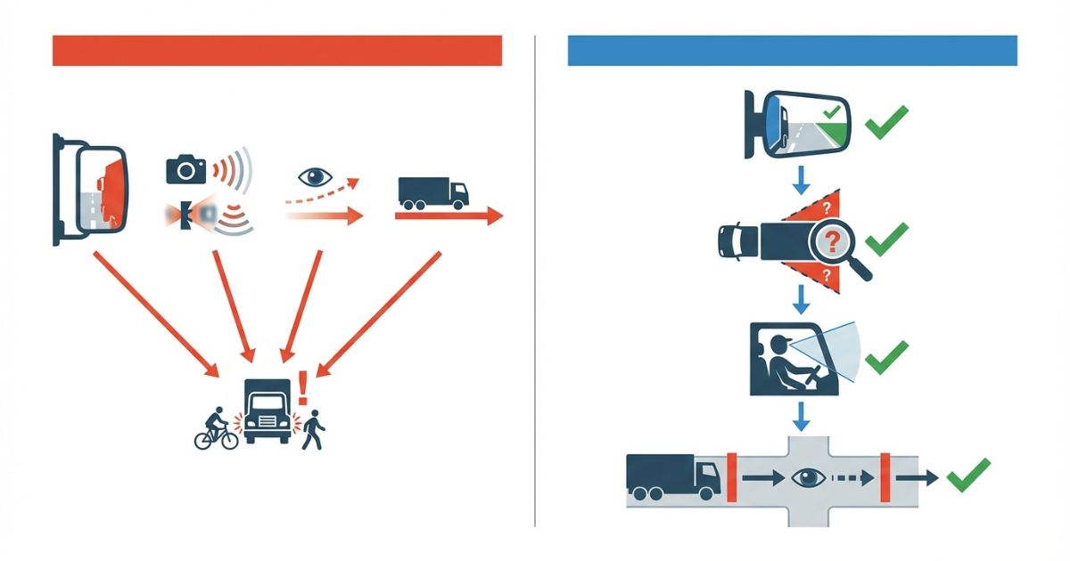 ミラー調整ミスや過信など死角対策の失敗分岐と安全側の運用を示す図解
