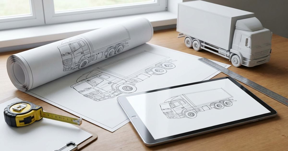 トラック図面を机上で確認し用途判断を進める写真風イメージ